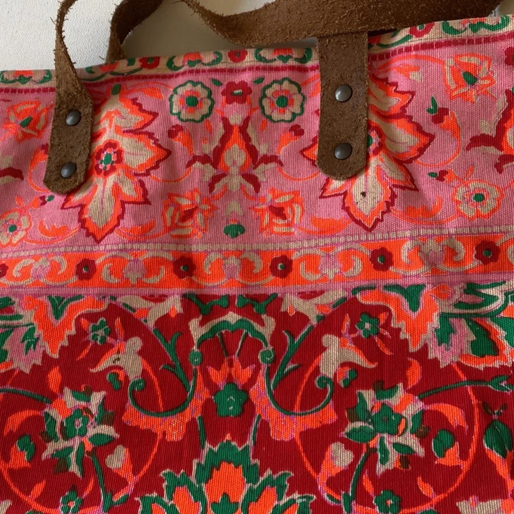 Floral boho sack tote bag with suede style straps